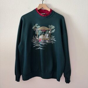 WHIM Z Womens Sweatshirt Christmas Cat Bird Vintage Style Cottagecore Size XL